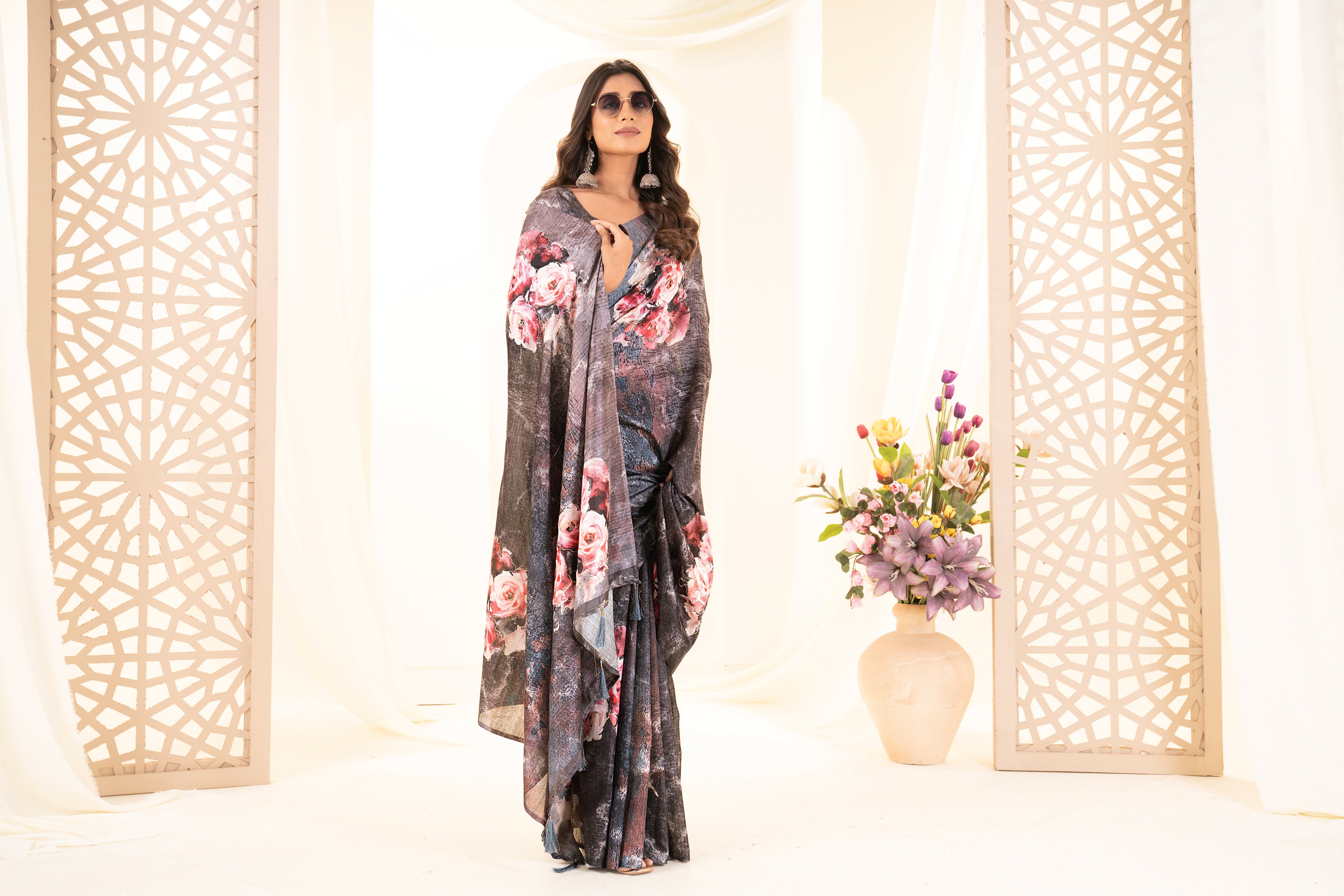 Black Tussar Silk Floral Saree